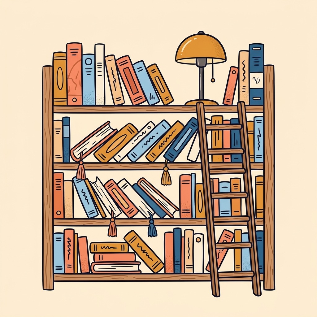 Hand-drawn library bookshelf with ladder and lamp