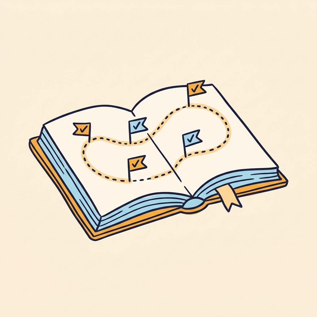 Hand-drawn textbook with a progress path and checkmark flags