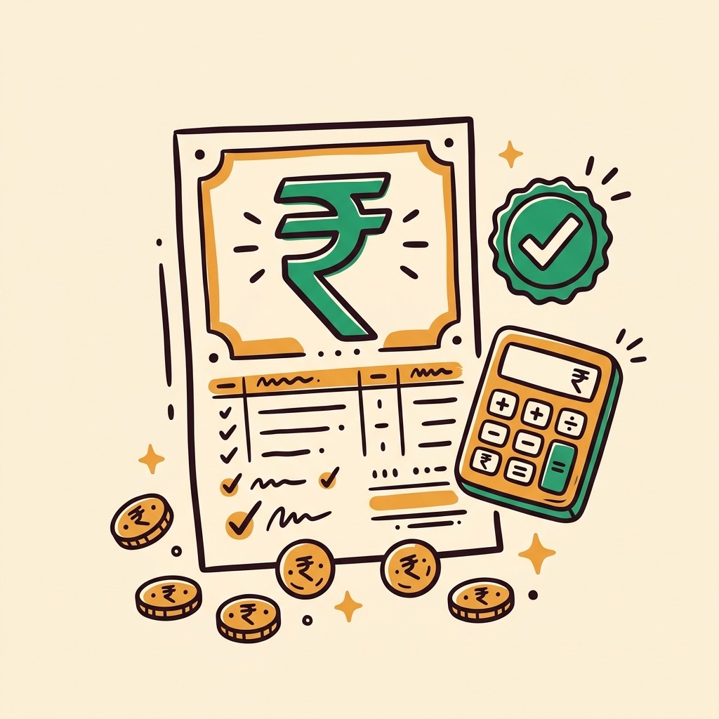 Hand-drawn fee receipt with rupee symbol and calculator