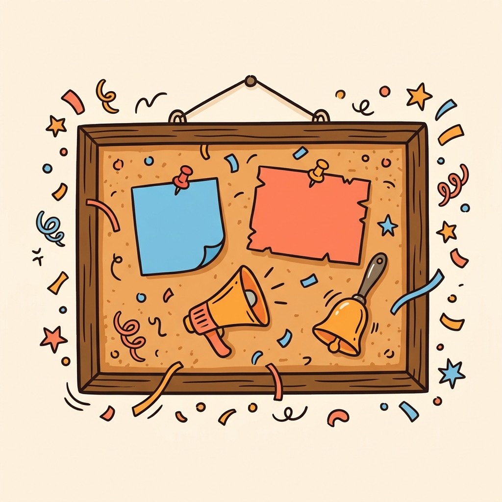 Hand-drawn school notice board with pinned notes and megaphone