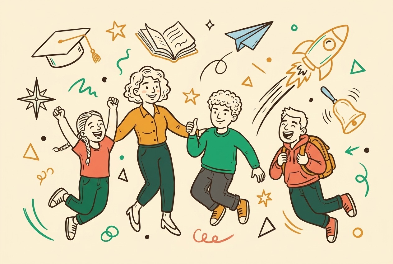 Hand-drawn illustration of happy students and teacher with school doodles