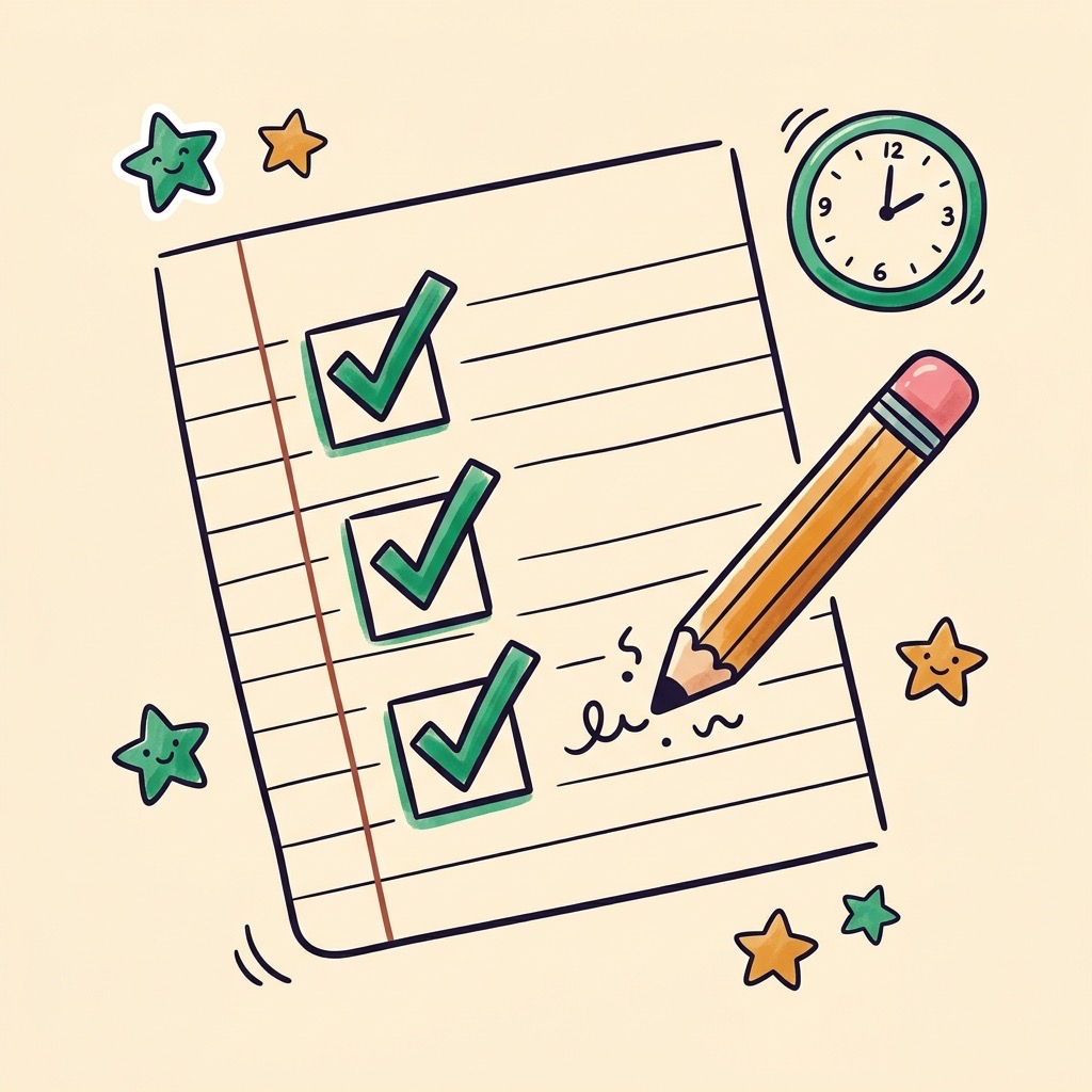 Hand-drawn notebook with ticked checkboxes and pencil